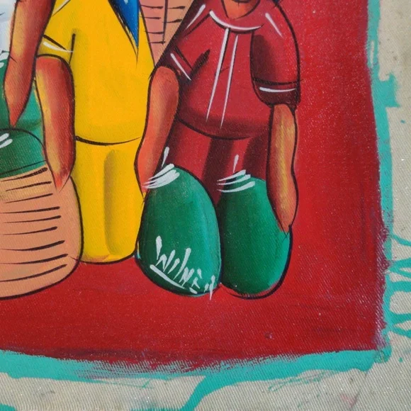 Vintage Wilner Haitian Island Market Oil Painting On Canvas From 1970s, Signed